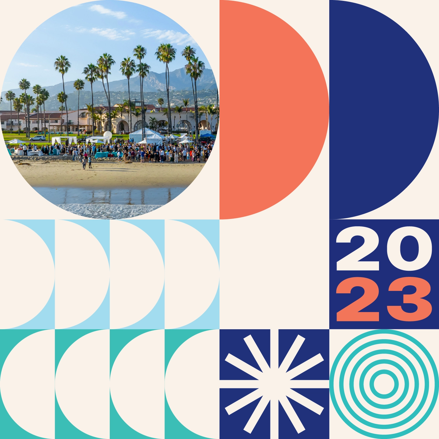 Hero image for CJU23. Fun colors and shapes and an image of the CJU22 beach party. 